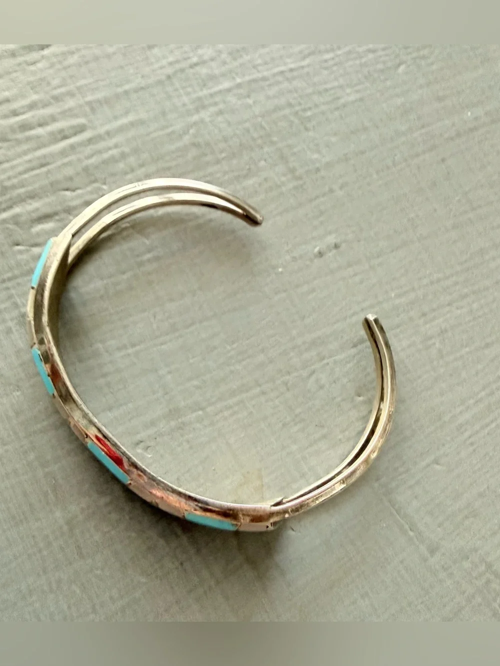 Native 925 Sterling Silver Turquoise Mother of Pearl Inlay Cuff Bracelet